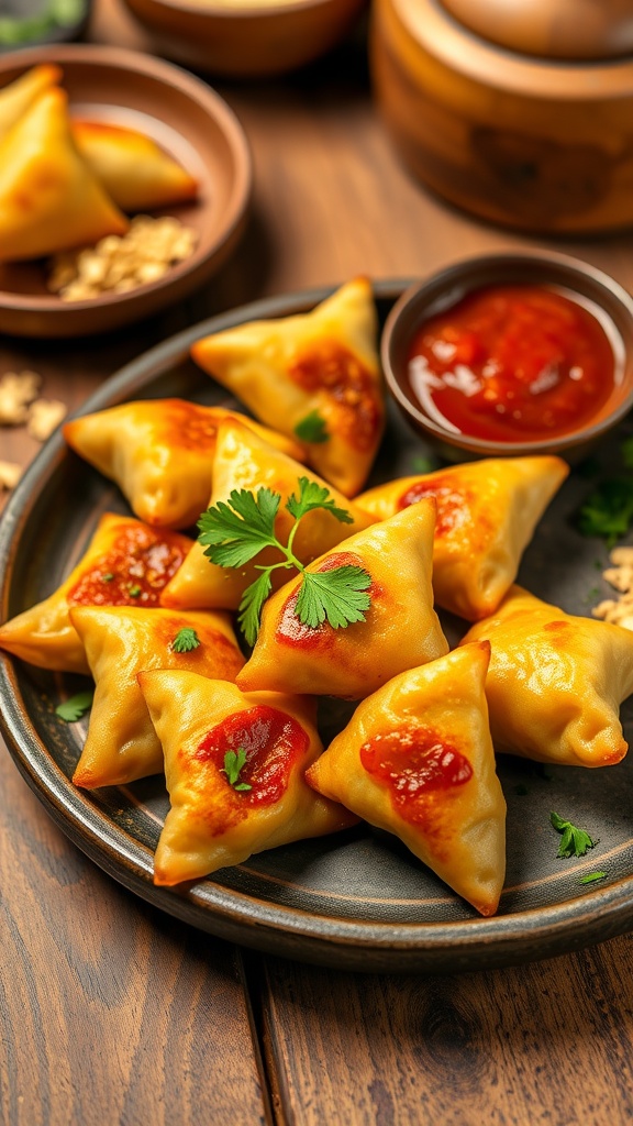 Baked dumplings on a plate with coriander garnish and chutney on the side.